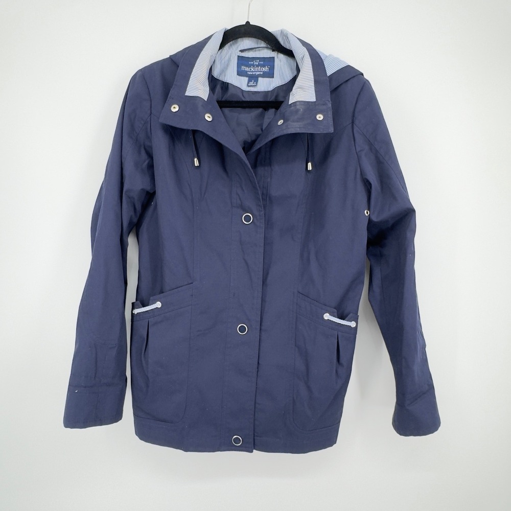 Mackintosh New England Womens Navy Blue Hooded Rain Jacket Nautical Stripe Small